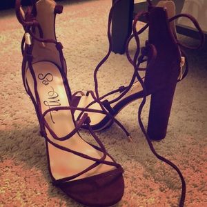 Lace up dark purple block heels